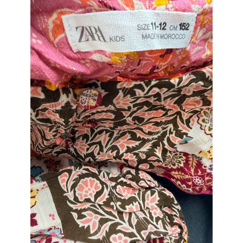 Zara Kids Girls Patchwork Floral Tiered Dress Pink Brown Size 11-12 Boho